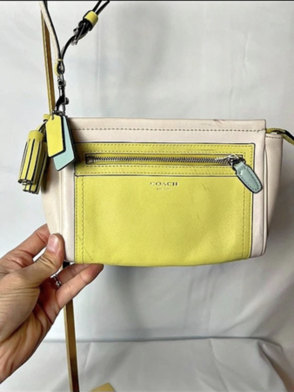 Coach Colourblock Leather Wristlet Ivory Citron Yellow Mint Tassel